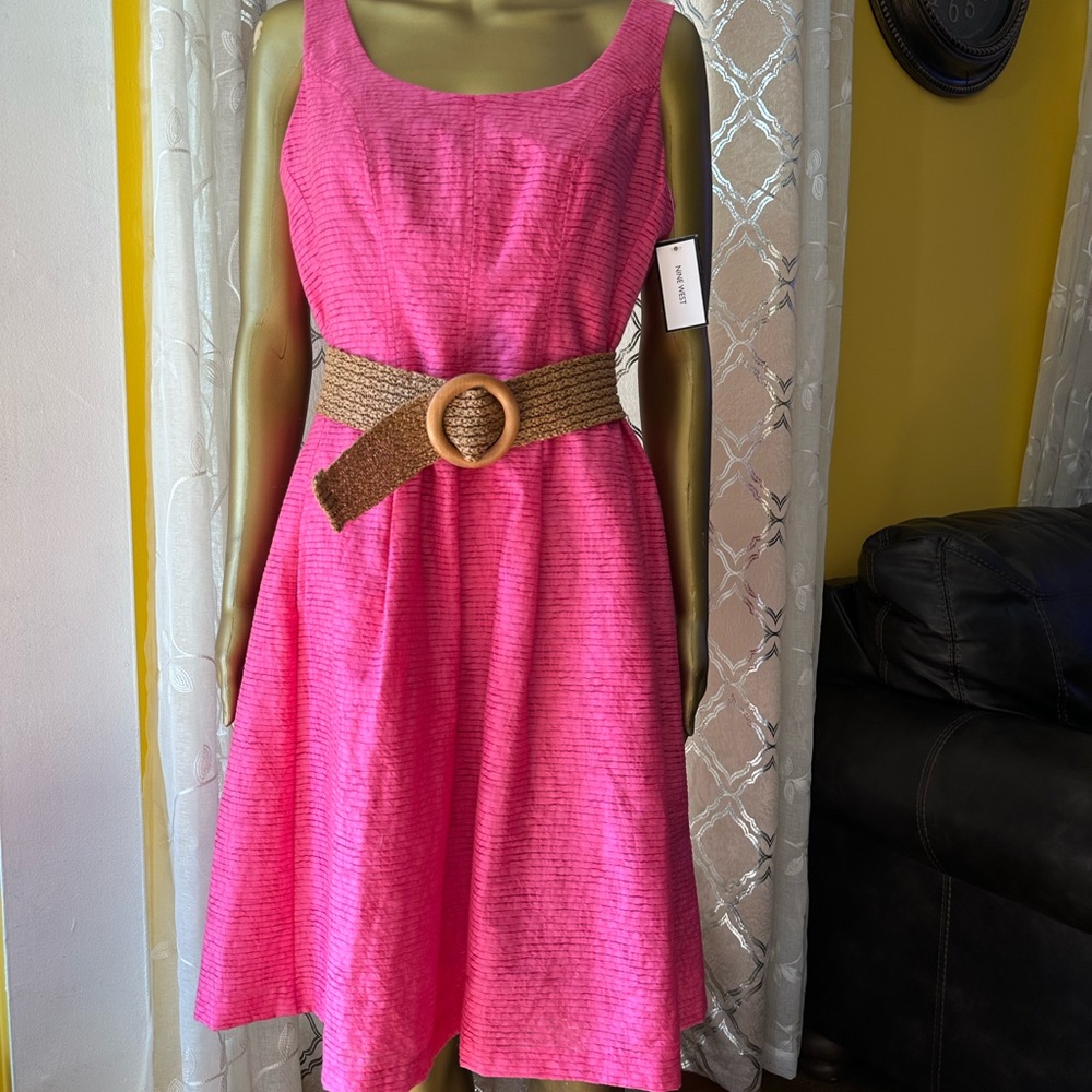 Nine West Hot Pink Sleeveless Midi Dress with Woven Brown Belt